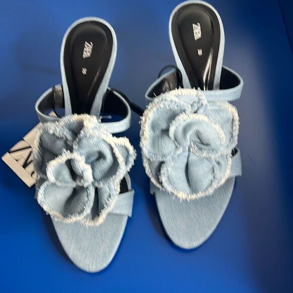 NWT Zara Floral Denim Heels Sandals - Picture 8 of 15